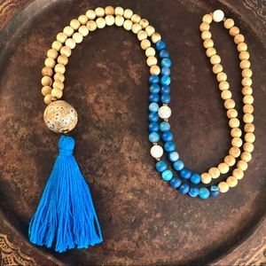 Blue Agate, Wood and Crackle Quartz Mala
